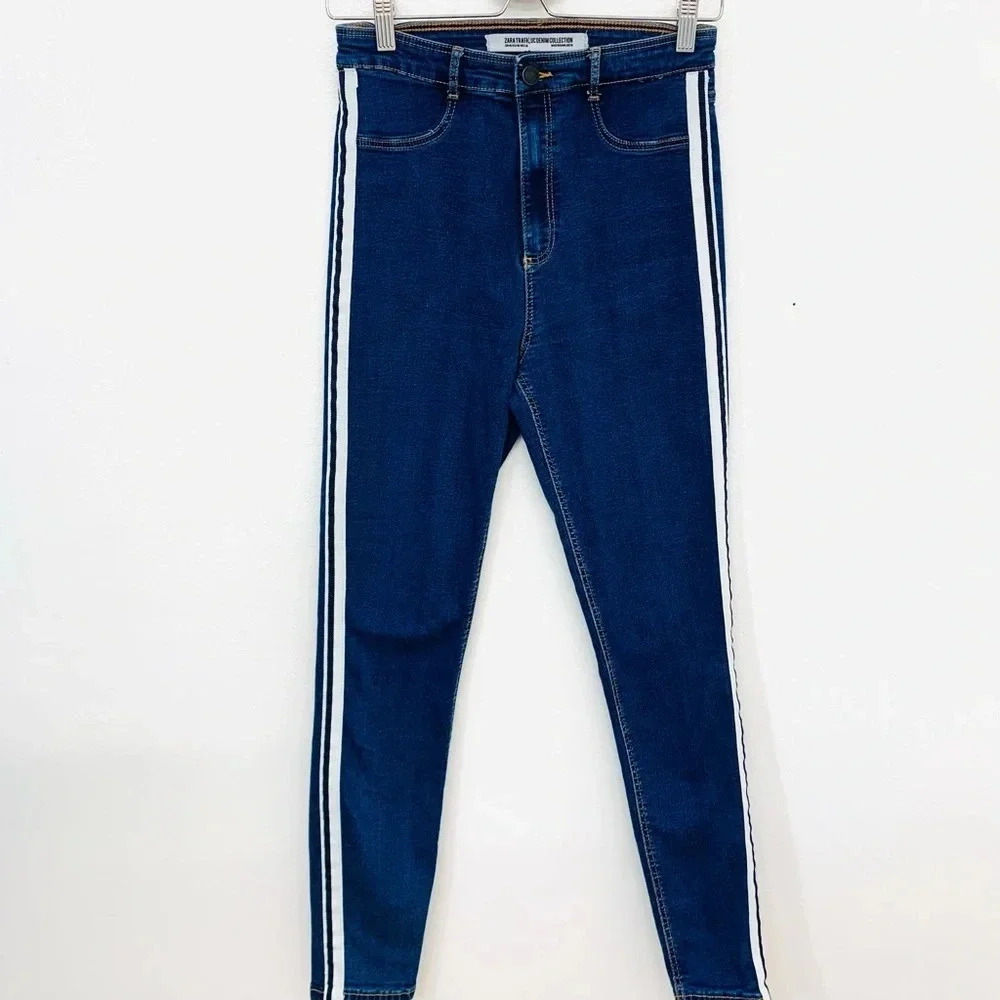 Zara Jeans High Waist Skinny Size 8 Blue White Tuxedo Stripe Stretch Pockets
